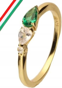 Srebrny pozłacany pierścionek 925 elegancki z zieloną i białą cyrkonią