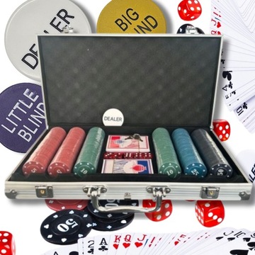 ZESTAW XXL KLASYCZNY DO GRY W POKERA 300 SZT ŻETONÓW 2 TALIE POKER WALIZKA