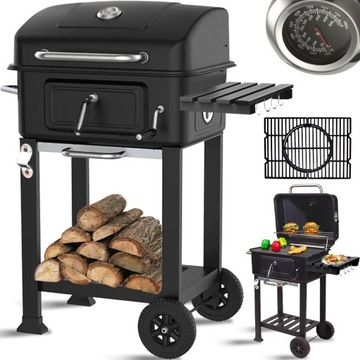 DUŻY GRILL WĘGLOWY OGRODOWY REGULOWANY Z POKRYWĄ ŻELIWNY RUSZT TERMOMETR