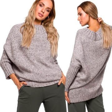 DAMSKI SWETER KARDIGAN SWETEREK CIEPŁY LUŻNY PÓŁGOLF SZARY 36/38 S/M