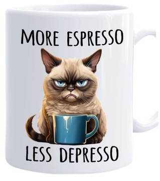 KUBEK DO PRACY ZABAWNY TEKST KOT MORE ESPRESSO LESS DEPRESSO