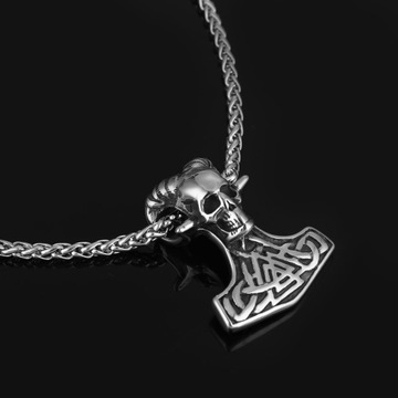 Серебряный мужской кулон Мьёльнир с черепом, сталь