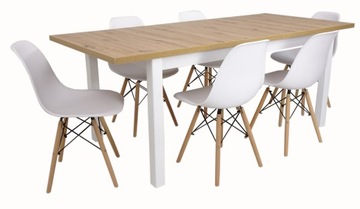 DUŻY stół dąb + 6 białych krzeseł kubełkowych BOHO