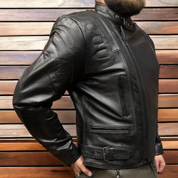 Мужская черная кожаная мотоциклетная куртка с защитой - L