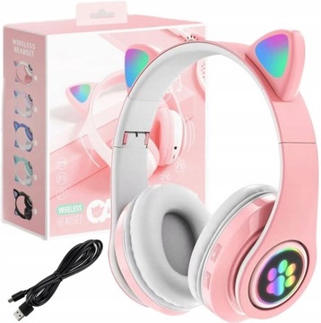 БЕСПРОВОДНЫЕ НАУШНИКИ РОЗОВЫЕ Bluetooth КОШАЧЬИ УШИ СВЕТОДИОД РОЗОВЫЙ Подарок