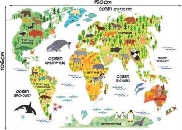 DUŻA NAKLEJKA NA ŚCIANĘ MAPA ŚWIATA ZE ZWIERZĘTAMI