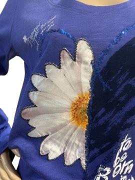 Desigual bawełniana bluzka fioletowa długi rękaw stokrotka cekiny L