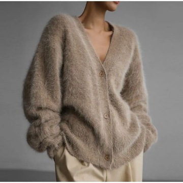 Elegant V Neck Mohair Soft Cardigan Women Loose So