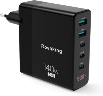Rosaking Ładowarka USB C 140W, szybka ładowarka GAN,5 portów USB C/A OPIS
