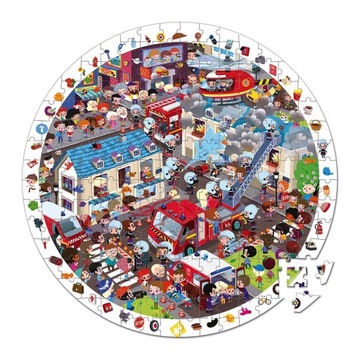 Puzzle Straż Pożarna okrągłe obserwacyjne z obrazkami 208el. Walizka JANOD