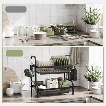 ДВУХУРОВНЕВАЯ ПОДСТАВКА ДЛЯ СУШКИ ПОСУДЫ, ЧЕРНАЯ, НЕРЖАВЕЮЩАЯ МЕТАЛЛИЧЕСКАЯ КАПЕЛЬНИЦА