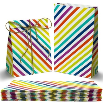 25 x Torebki PAPIEROWE 16x8x27cm KOLOROWE w PASKI KLOCKOWE NA SŁODYCZE