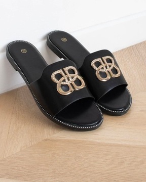 8172 ЧЕРНЫЕ КОЖАНЫЕ ЖЕНСКИЕ ТАПОЧКИ ДЕКОР 39