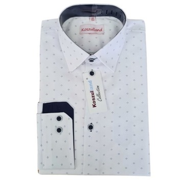 BIAŁA KOSZULA GRANATOWY WZOREK SLIM CHŁOPIĘCA DLA CHŁOPCA ELEGANCKA 152