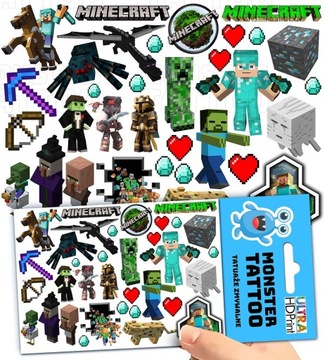 TATUAŻE ZMYWALNE TYMCZASOWE DLA DZIECI DZIECIĘCE MINECRAFT WZORY ORYGINALNE