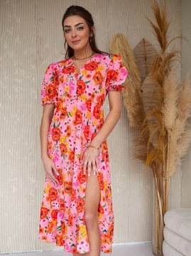 Długa sukienka w kwiaty różowo pomarańczowa 8107 UNIW