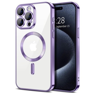 Eleganckie etui do Apple Iphone 15 Pro Max, fioletowe plecki, cover MagSafe