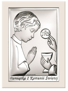 PAMIĄTKA KOMUNII ŚWIĘTEJ Srebrny Obrazek na Komunię dla chłopca z grawerem