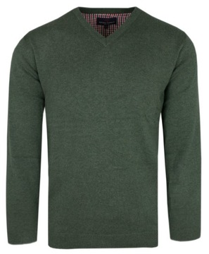Męski Klasyczny Sweter w Serek (V-Neck) - Melanżowa Zieleń Khaki - XL