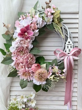 WIANEK KWIATOWY WIOSENNY NA DRZWI STROIK WIENIEC RÓŻOWY DUŻY WIKLINOWY