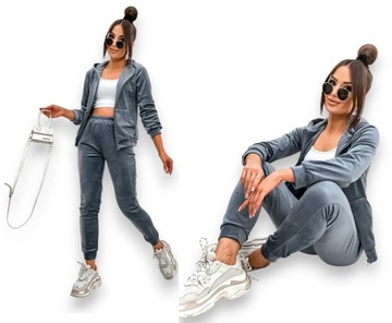 DRES KOMPLET WELUROWY DAMSKI BLUZA ROZPINANA ZAMEK SPODNIE SZARY M
