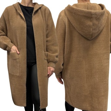 ALPAKA DAMSKA PŁASZCZ KURTKA SWETER CIEPŁA DŁUGA KAPTUR CIEMNY KARMEL 2186