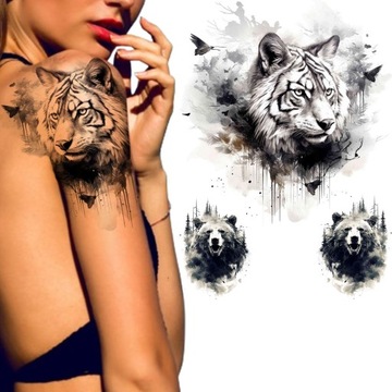 TATUAZ ZMYWALNY TYMCZASOWY TYGRYS NIEDZWIEDZ LAS WZÓR RAMIĘ PLECY KLATKĘ