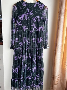 34 XS 36 S Reserved zielona sukienka w fioletowe kwiaty midi