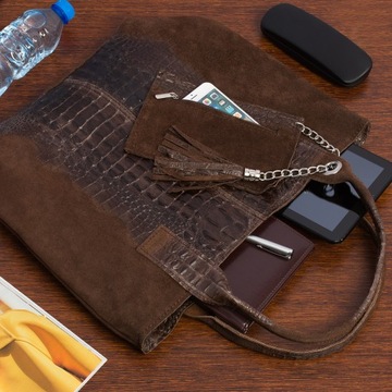 Kabelka dámska kožená shopper taška na zips veľká A4 s talianskou kozmetickou taštičkou