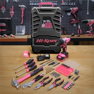 Высококачественный набор розовых инструментов из 81 предмета с розовой дрелью/отверткой.