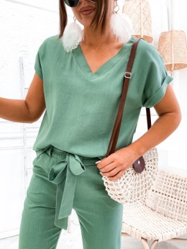 ЖЕНСКИЙ ЛЬНЯНОЙ КОМПЛЕКТ ЛЬНЯНЫЕ БРЮКИ БЛУЗКА С V-образным вырезом ЦВЕТА РАЗМЕРЫ S/36