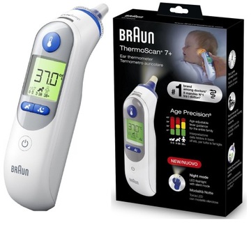 TERMOMETR DO UCHA BRAUN THERMOSCAN 7+ IRT6525 TRYB NOCNY CICHY PODŚWIETLANY