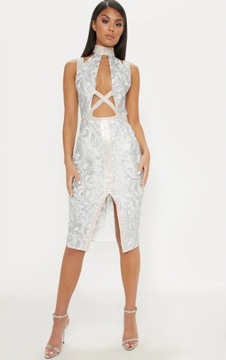 F89 Srebrna sukienka wycięcie glitter midi PLT 44