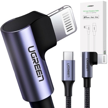 ЗЕЛЕНЫЙ КОРОТКИЙ КАБЕЛЬ Lightning USB TYPE-C, ЧЕРНЫЙ, 1,5 м, УГОЛ 90 ГРАДУСОВ, PD 20 Вт