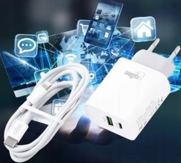 БЫСТРОЕ СЕТЕВОЕ ЗАРЯДНОЕ УСТРОЙСТВО 2 x USB QC БЛОК ПИТАНИЯ USB-C PD С КАБЕЛЕМ ДЛЯ IPHONE