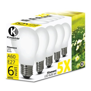 5 x ŻARÓWKA LED E27 6W FILAMENT NEUTRALNA 4000K TANIEJ 15%