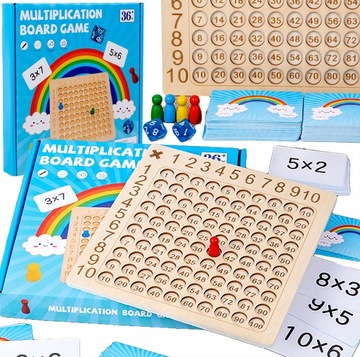 GRA PLANSZOWA TABLICZKA MNOŻENIA EDUKACYJNA NAUKA 100 KART 2 KOSTKI