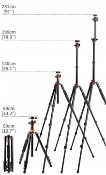 Statyw, tripod K&F Concept wysoki - 231cm, pozioma kolumna, głowica kulowa