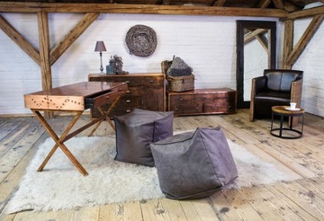 Мягкий пуф из бежевой ткани, коричневой кожи SINGLE