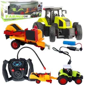DUŻY TRAKTOR STEROWANY Z MASZYNĄ RC CIĄGNIK 37cm Akumulator ładowanie USB