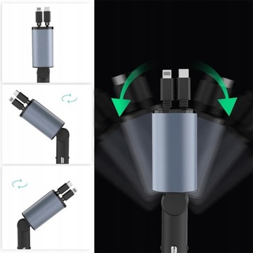 WYSUWANA ŁADOWARKA SAMOCHODOWA OBROTOWA 120 W USB-C+ OŚWIETLENIE ZAPALNICZKA