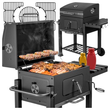 GRILL WĘGLOWY DUŻY OGRODOWY POKRYWA ŻELIWNY RUSZT REGULOWANY PÓŁKI