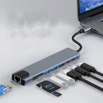 Концентратор 8 в 1 USB-C HDMI 4k RJ45 USB 3.0 USB 2.0 SD microSD 68 Вт PD, адаптер USB-C