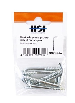 Haczyki Wkręcane Hak Prosty Ocynkowane 3.8X50Mm 8 Szt. Hsi