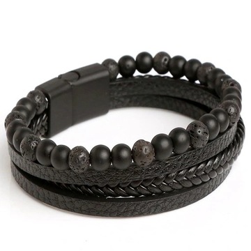 ELEGANCKA CZARNA SKÓRZANA BRANSOLETKA MĘSKA KORALIKI STAL + ZASŁONKA GRATIS