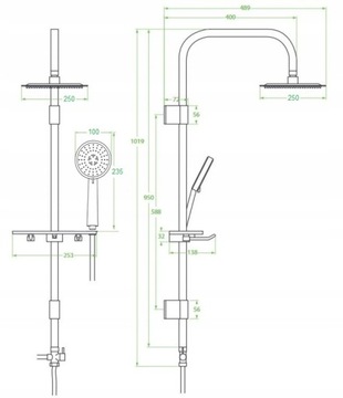 Deszczownica 25 z PÓŁKĄ +bateria prysznicowa czarna CUBIC - system CLICK ON