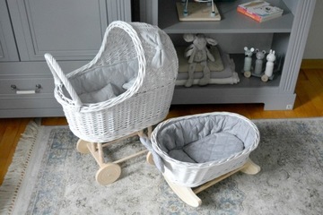 WÓZEK wiklinowy + KOŁYSKA dla lalek kolor BIAŁY