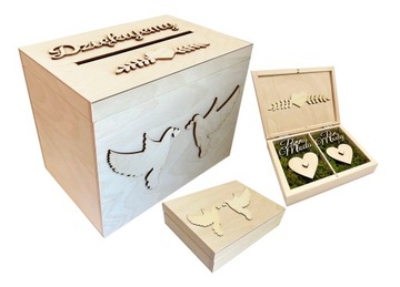 Drewniane pudełko skrzynka na obrączki i koperty ślubne zestaw komplet