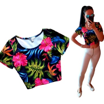 Damski TOP Topik KRÓTKA BLUZKA NEON neonowy RÓŻ krótki rękaw S/M