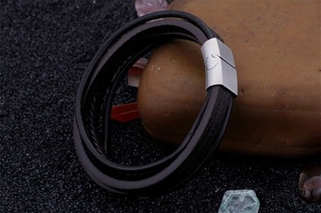 SKÓRZANA BRANSOLETA MĘSKA ZAPIĘCIE NA MAGNES STAL